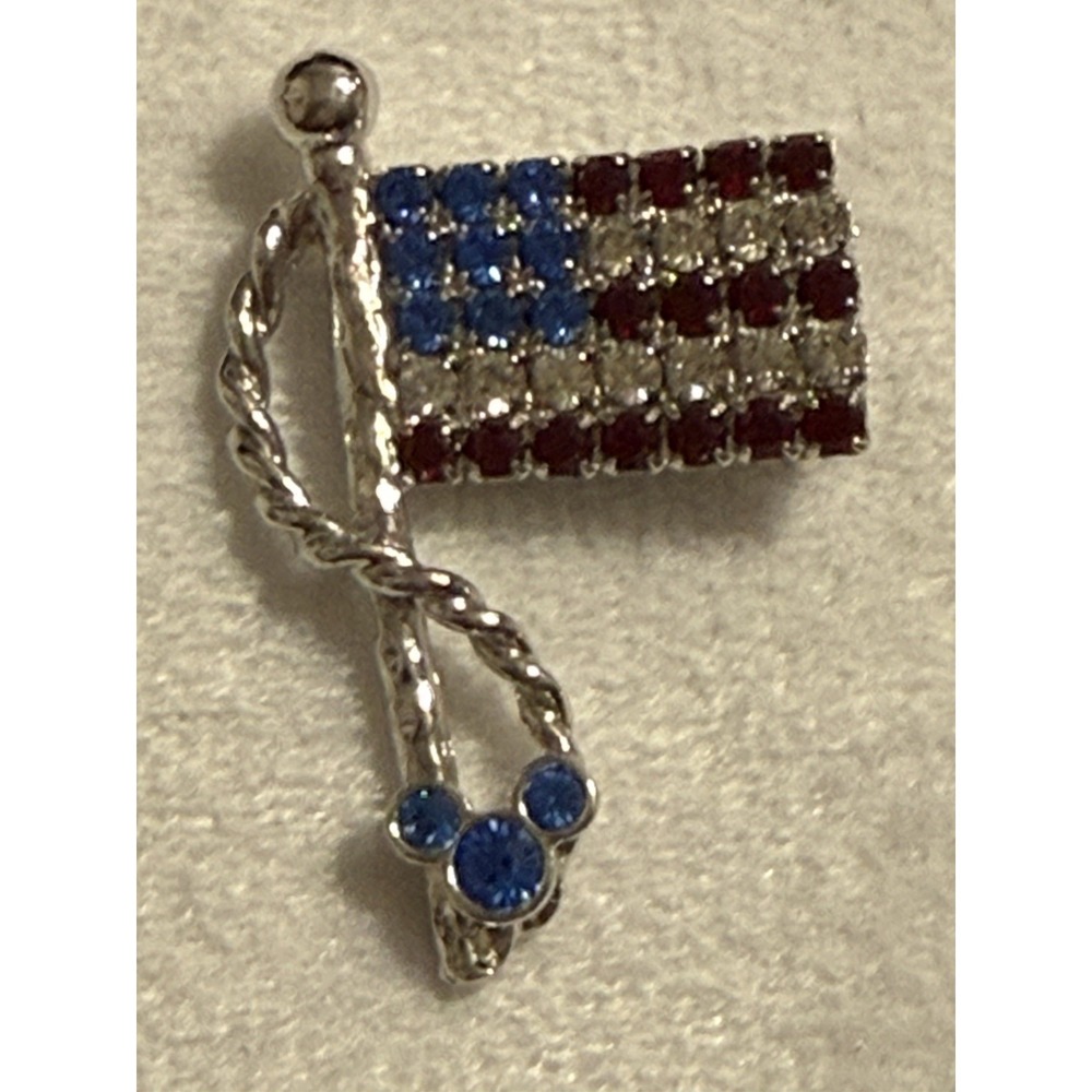 Walt Disney Mickey Mouse Silver Tone Rhinestone American Flag Brooch Lapel Pin